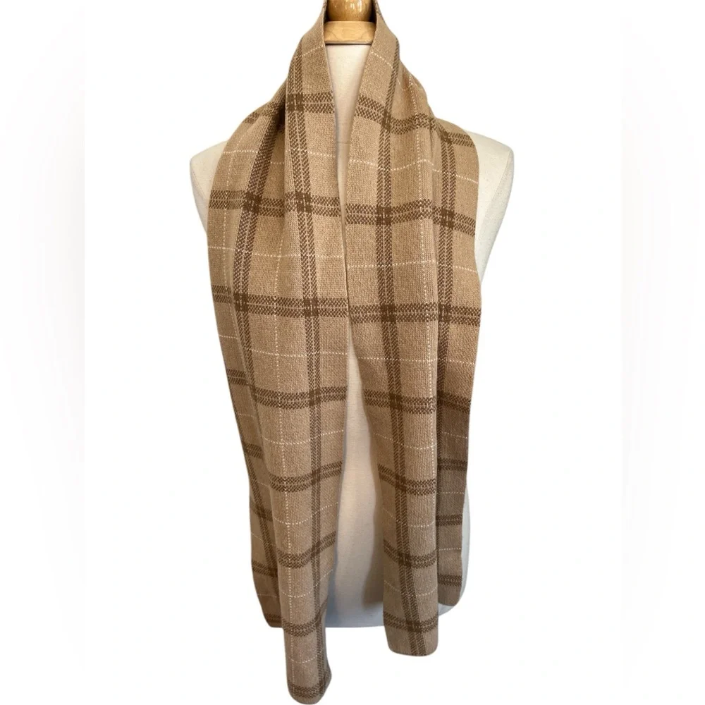 Brown,Tan,White Plaid Wool, Cashmere & Angora Blend Scarf Made n Italy 10”Wx66”L